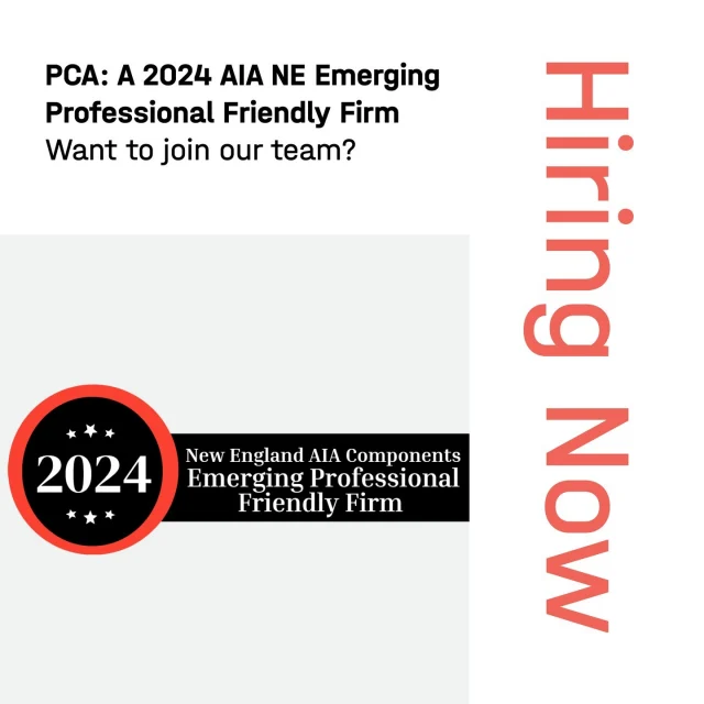 Big thanks to The American Institute of Architects (AIA) New England Chapter for recognizing PCA as a 2024 Emerging Professional Friendly Firm! As the designation signifies, “we are committed to the advancement of Emerging Professionals through various initiatives that foster professional development and personal growth.” ⁠
⁠
Interested in learning more? Check out our careers page at Link in Bio and scroll down to view our open positions!⁠
⁠
#PCA_team #PCA_design